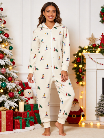 Women Hooded Onesie Christmas Zip-Up Loungewear - Cream Skiers & Winter Trees Print Pajamas