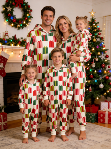 Family Hooded Onesie Christmas Zip-Up Loungewear - Cream & Red Gift Boxes Print Holiday Sleepwear