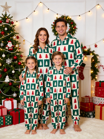 Family Christmas Tree Checkered Hooded One-Piece Jumpsuit Pajamas