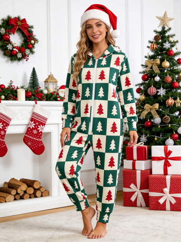 Women Christmas Tree Checkered Hooded One-Piece Jumpsuit Pajamas