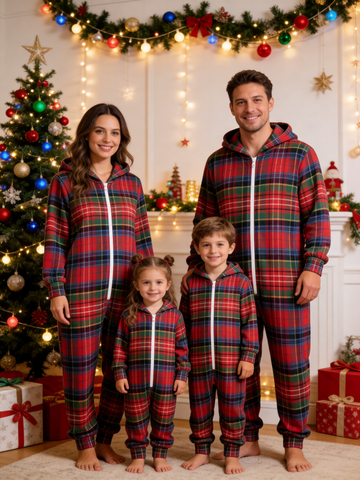 Family Hooded Onesie Christmas Zip-Up Loungewear - Classic Red & Green Tartan Plaid Pajamas