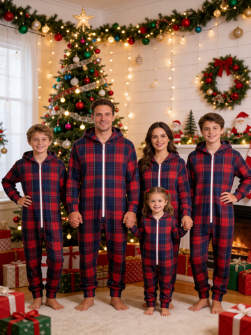 Family Hooded Onesie Christmas Zip-Up Loungewear - Navy & Red Tartan Plaid Holiday Romper