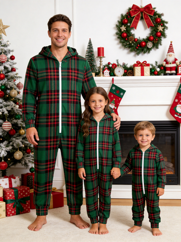 Family Hooded Onesie Christmas Zip-Up Loungewear - Forest Green Tartan Plaid Sleepwear
