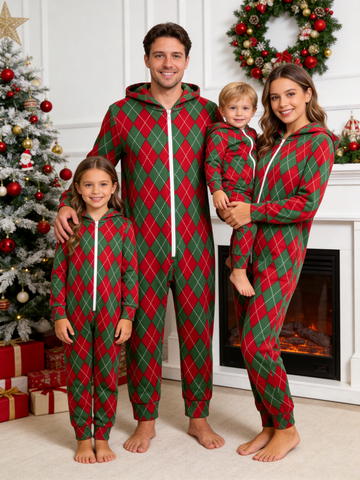 Family Matching Zip-Up Loungewear with Hood - Red & Green Argyle Christmas Pajamas
