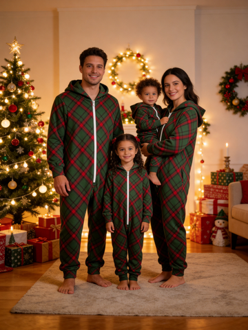 Family Hooded Onesie Christmas Zip-Up Loungewear - Green Diagonal Tartan Plaid Romper