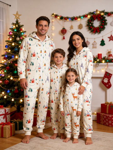 Winter Wonderland Village & Deers Hooded Jumpsuit Family Pajamas