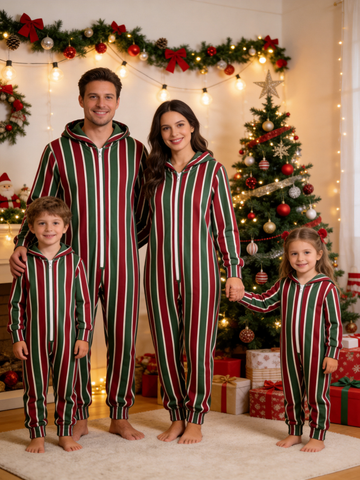 Family Hooded Onesie Christmas Zip-Up Loungewear - Red & Green Striped Holiday Sleepwear