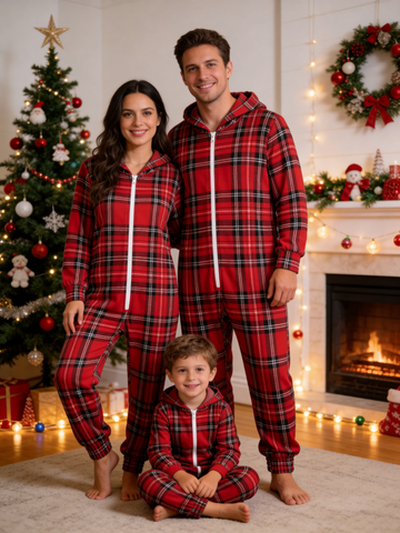 Family Hooded Onesie Christmas Zip-Up Loungewear - Vibrant Red Tartan Plaid Holiday Pajamas
