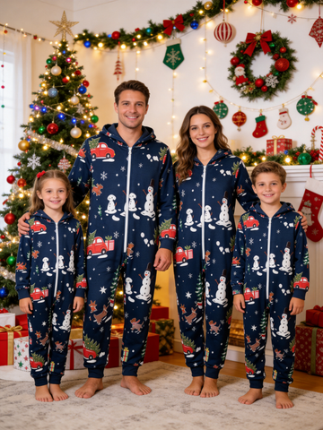 Holiday Snowman & Red Truck Navy Hooded Jumpsuit Family Sleepwear