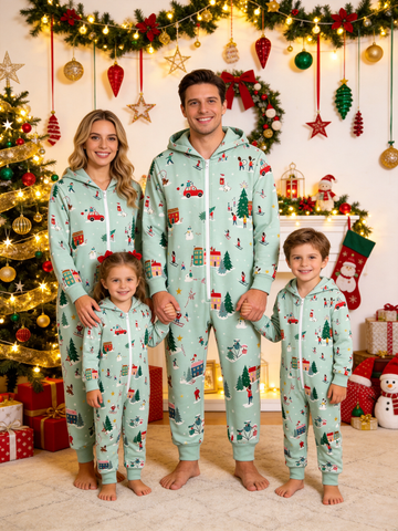 Mint Green Winter Village Skiing Holiday Hooded Jumpsuit Pajamas