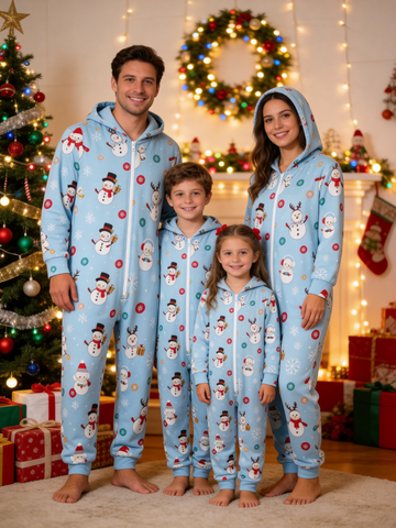 Frosty Snowman Light Blue Hooded Christmas Jumpsuit Sleepwear