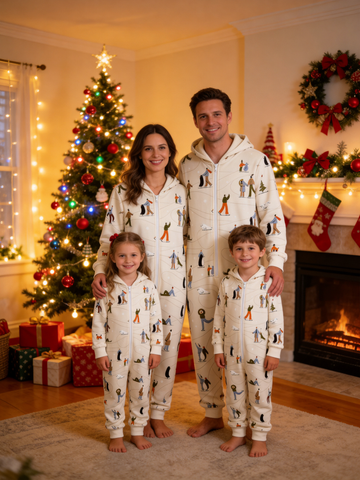 Ice-Skating People & Penguin Cream Christmas Family Hooded Onesie - Zip-Up Loungewear