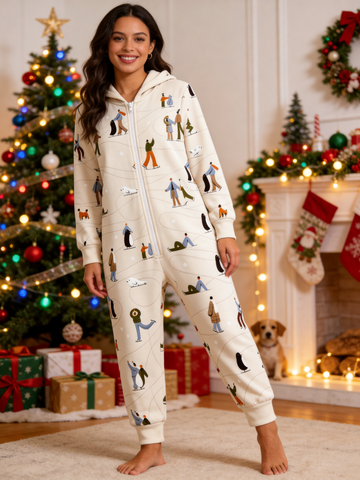 Ice-Skating People & Penguin Cream Christmas Women Hooded Onesie - Zip-Up Loungewear