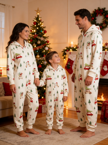 Red Car & Christmas Tree Cream Family Hooded Onesie - Zip-Up Loungewear