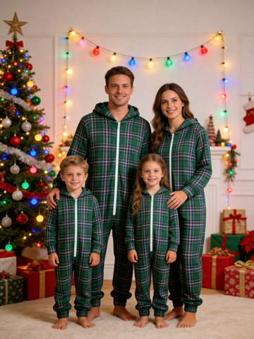 Classic Green Tartan Plaid Hooded Family Christmas Jumpsuit Pajamas