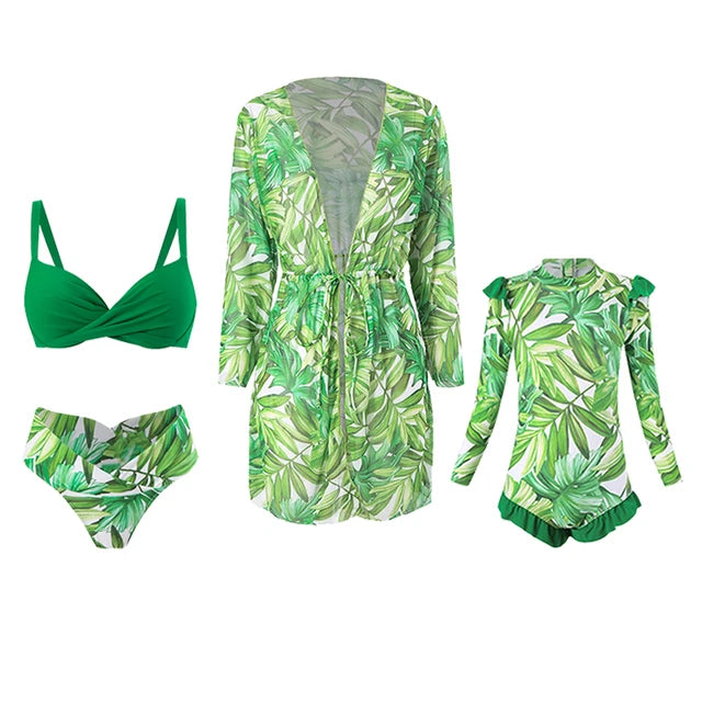 Mother-Daughter Leaf Printing Matching Swimwear Bikini Set with Cover-Up