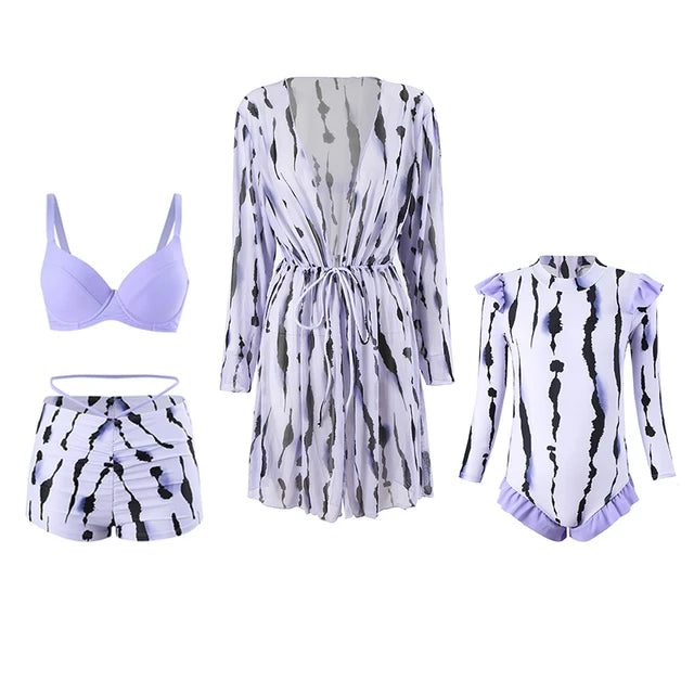 Mother-Daughter Purple Tie Dye Matching Swimwear Set with Cover-Up