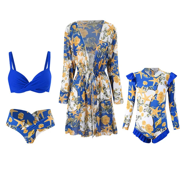 Mother and Daughter Shell printing Matching Swimwear Bikini Set with Cover-Up