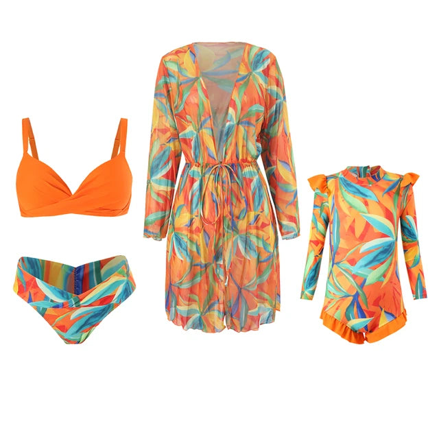 Mother and Daughter Orange Leaf Printing Matching Swimwear Bikini Set with Cover-Up