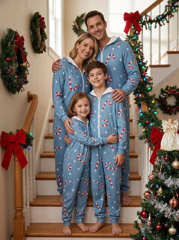 Blue Candy Cane and Snow Polka Dots Print Full-Zip Hooded Romper Christmas Family Sleepwear