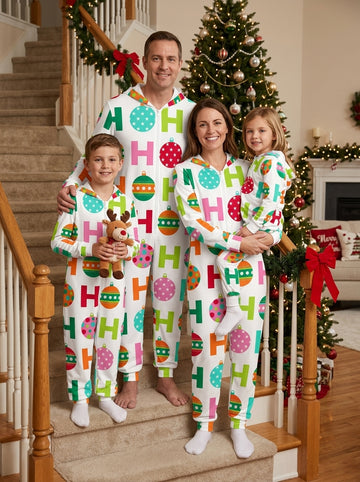 Colorful Retro Ho Ho Letters and Christmas Baubles Print Hooded Jumpsuit Holiday Pjs