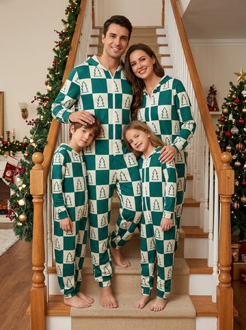 Dark Green Checkered Christmas Trees Print Full-Zip Hooded Romper Family Sleepwear
