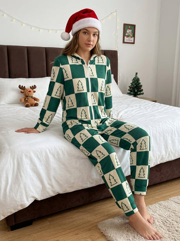 Dark Green Checkered Christmas Trees Print Full-Zip Hooded Romper Women Sleepwear