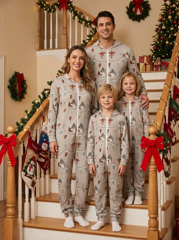 Rustic Nativity Scene and Christmas Lights Garland Print Hooded Family Pyjamas