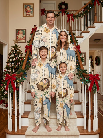 Holy Night Donkey and Baby Jesus Manger Print Hooded Zip-Up Family Matching Jumpsuit