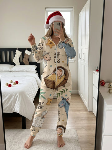 Holy Night Donkey and Baby Jesus Manger Print Hooded Zip-Up Women Matching Jumpsuit