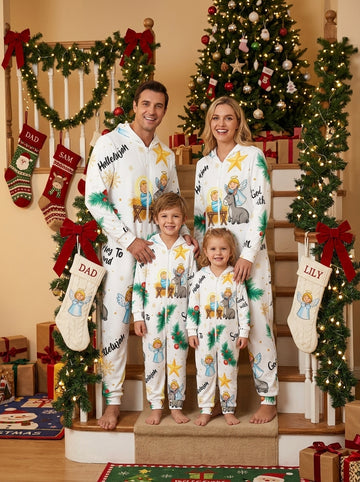 Hallelujah Christmas Baubles and Nativity Scene Print Hooded Holiday Pajama Jumpsuit