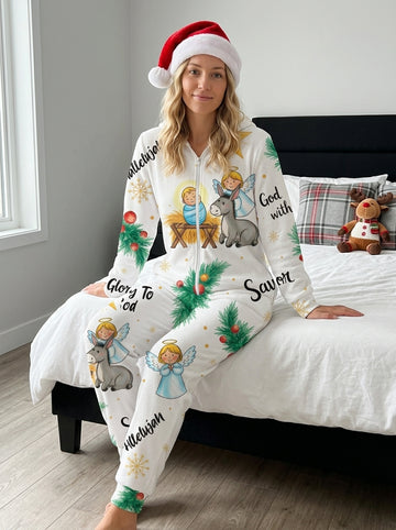 Hallelujah Christmas Baubles and Nativity Scene Print Hooded Women Holiday Pajama Jumpsuit