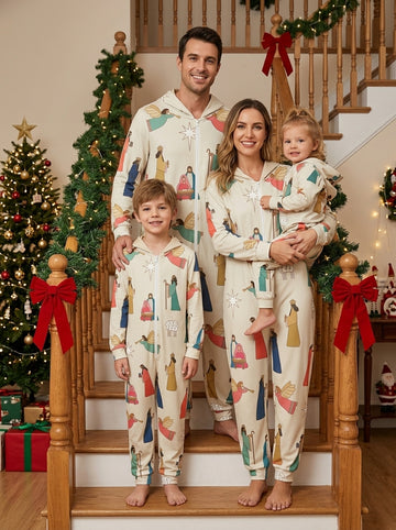 Vintage Christian Nativity Characters and Angels Print Hooded Family Sleepwear