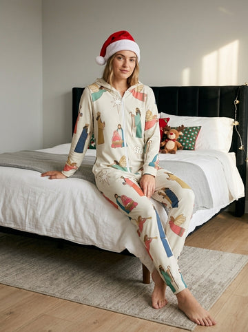Vintage Christian Nativity Characters and Angels Print Hooded Women Sleepwear