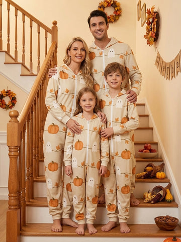 Cute Ghost and Pumpkin Vine Print Hooded Romper Spooky Season Family Sleepwear