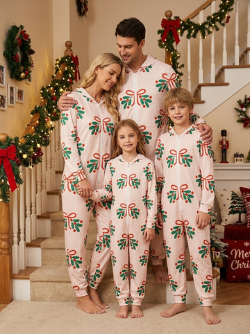 Pastel Mistletoe and Red Bows Pattern Hooded Jumpsuit Cozy Christmas Holiday Pajamas