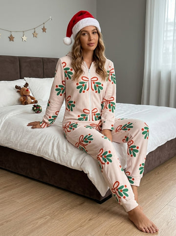 Pastel Mistletoe and Red Bows Pattern Hooded Women Jumpsuit Cozy Christmas Holiday Pajamas
