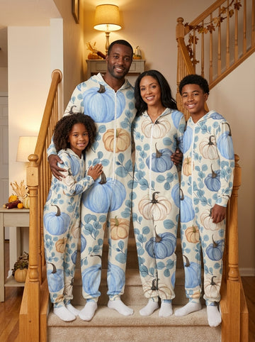 Pastel Blue and Orange Pumpkins Eucalyptus Leaf Print Hooded Jumpsuit Fall Harvest Pajamas