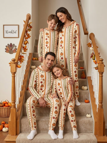 Vintage Autumn Pumpkin Striped Pattern Full-Zip Hooded Romper Thanksgiving Holiday Sleepwear