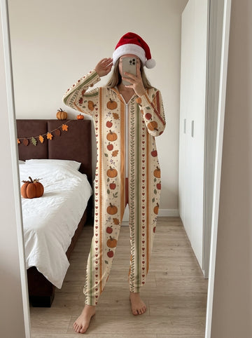 Vintage Autumn Pumpkin Striped Pattern Full-Zip Hooded Women Romper Thanksgiving Holiday Sleepwear