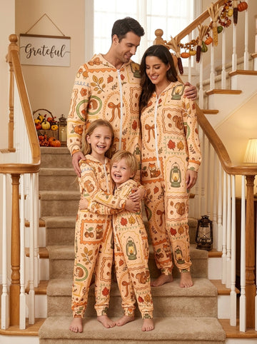 Fall Woodland Animals Squirrel Fox Lanterns Print Hooded Onesie Cozy Autumn Loungewear