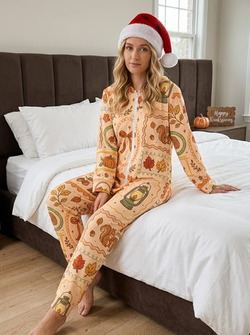 Fall Woodland Animals Squirrel Fox Lanterns Print Hooded Women Onesie Cozy Autumn Loungewear