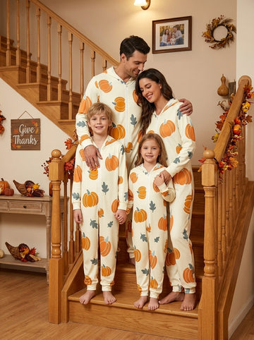 Classic Orange Pumpkins and Leaves Print Hooded Zip Romper Thanksgiving Family Pajamas