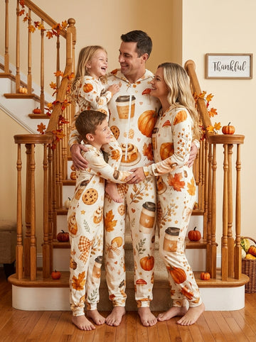 Cozy Fall Coffee Cinnamon Roll Pumpkin Print Hooded Jumpsuit Autumn Holiday Sleepwear