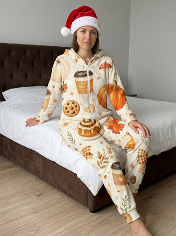 Cozy Fall Coffee Cinnamon Roll Pumpkin Print Hooded Women Jumpsuit Autumn Holiday Sleepwear
