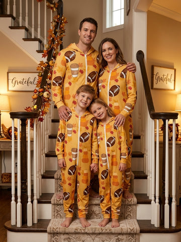 Football Season Thanksgiving Turkey Day Coffee Pumpkin Print Hooded Romper Family Onesie