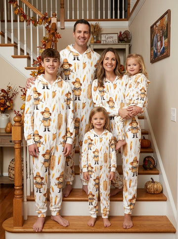 Kids Thanksgiving Scarecrow Print Hooded Romper Fall Harvest Festival Onesie Pajamas