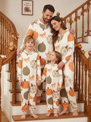 Family Matching Autumn Pumpkin Bows Pattern Full-Zip Hooded Jumpsuit Fall Holiday Sleepwear