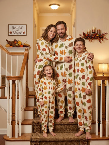 Autumn Fall Maple Leaves Print Unisex Hooded Zip-Up Onesie Cozy Holiday Loungewear