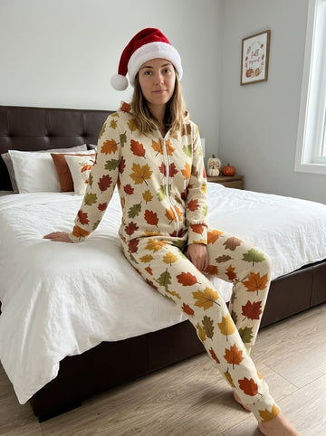 Autumn Fall Maple Leaves Print Women Hooded Zip-Up Onesie Cozy Holiday Loungewear
